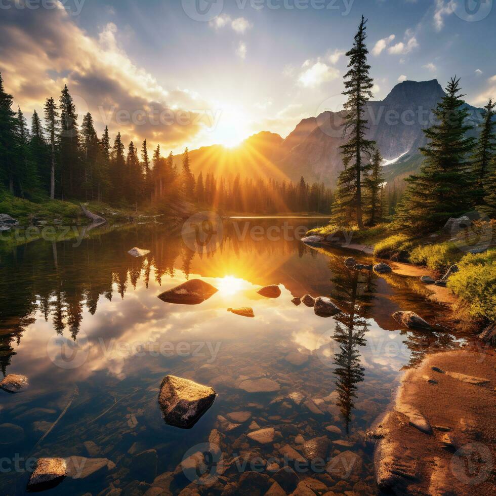 etereo paesaggio tiro cattura il di sole d'oro colore al di sopra di maestoso montagne e sereno laghi ai generativo foto