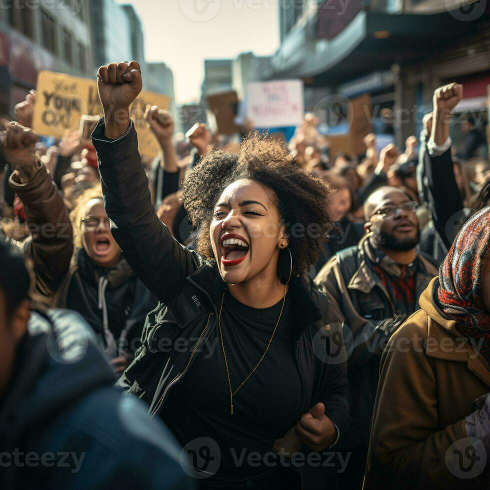 essenza di sociale attivismo con non ritagliato manifestanti in marcia per nero vite importa e LGBTQ diritti ai generativo foto