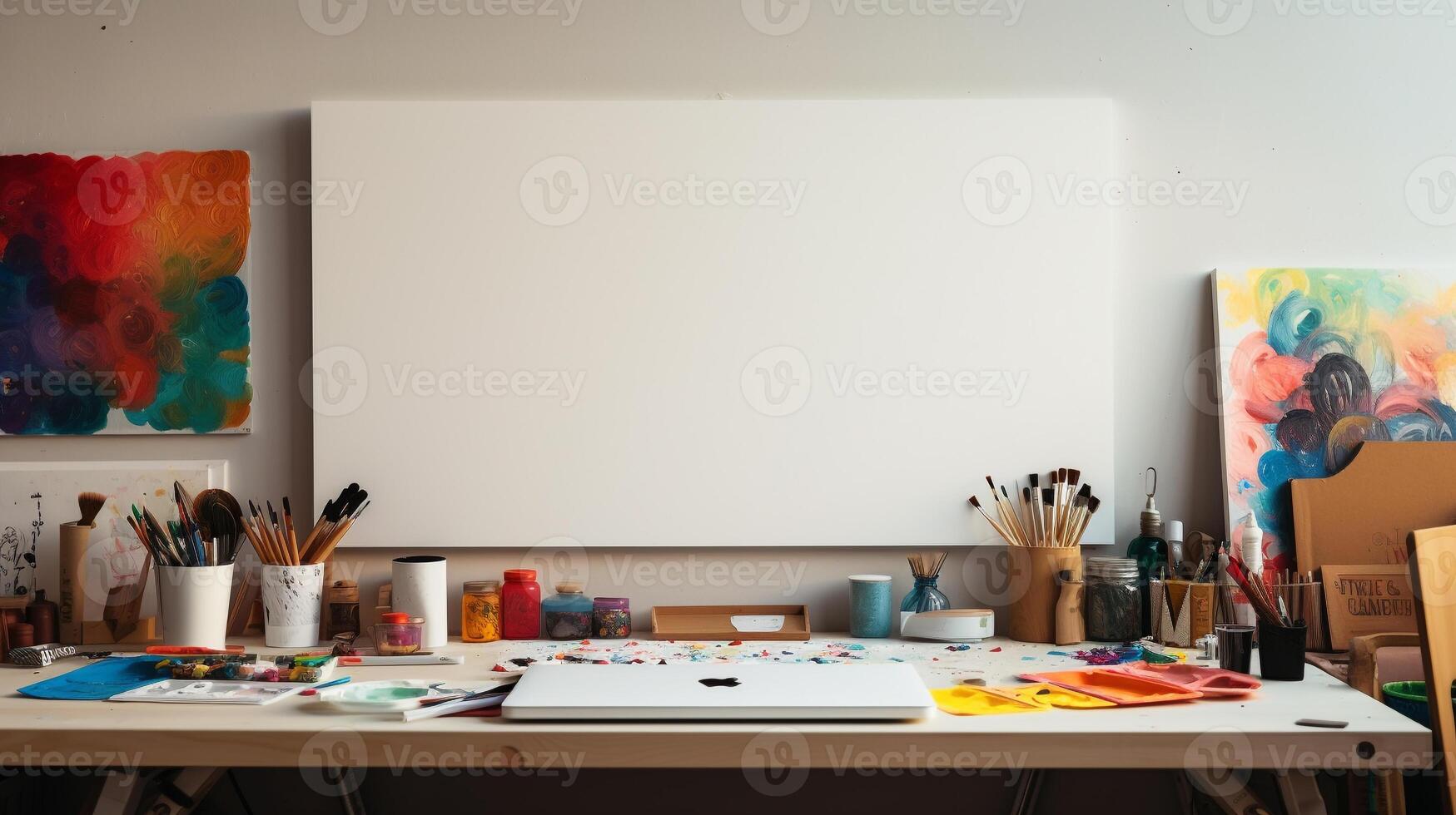 dell'artista spazio di lavoro con vuoto tela e arte forniture ai generativo foto