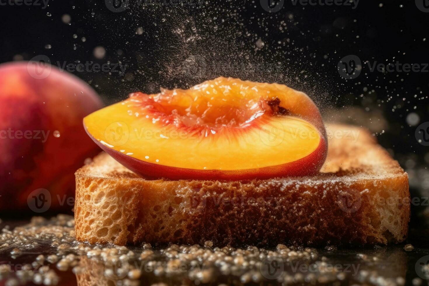 pesca pane abbrustolito, macro tiro di un' fresco prima colazione con gocciolante Miele, ai generato foto