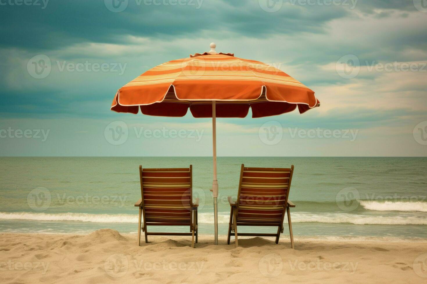 rilassante spiaggia sedie ombrello. creare ai foto