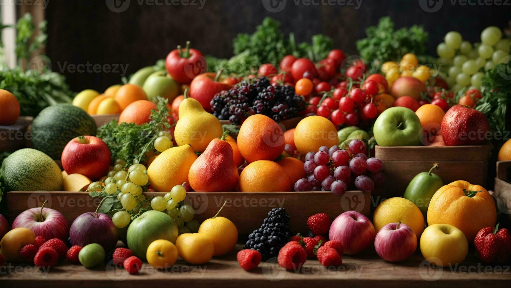 assortimento di fresco biologico frutta e verdure nel arcobaleno colori. ai generato foto
