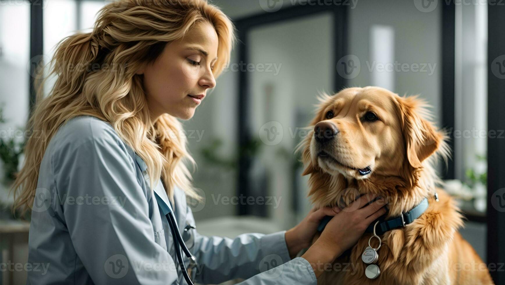 bellissimo femmina veterinario petting un' nobile d'oro cane da riporto cane. salutare animale domestico su un' dai un'occhiata su visitare nel moderno veterinario clinica con contento cura medico. ai generato foto