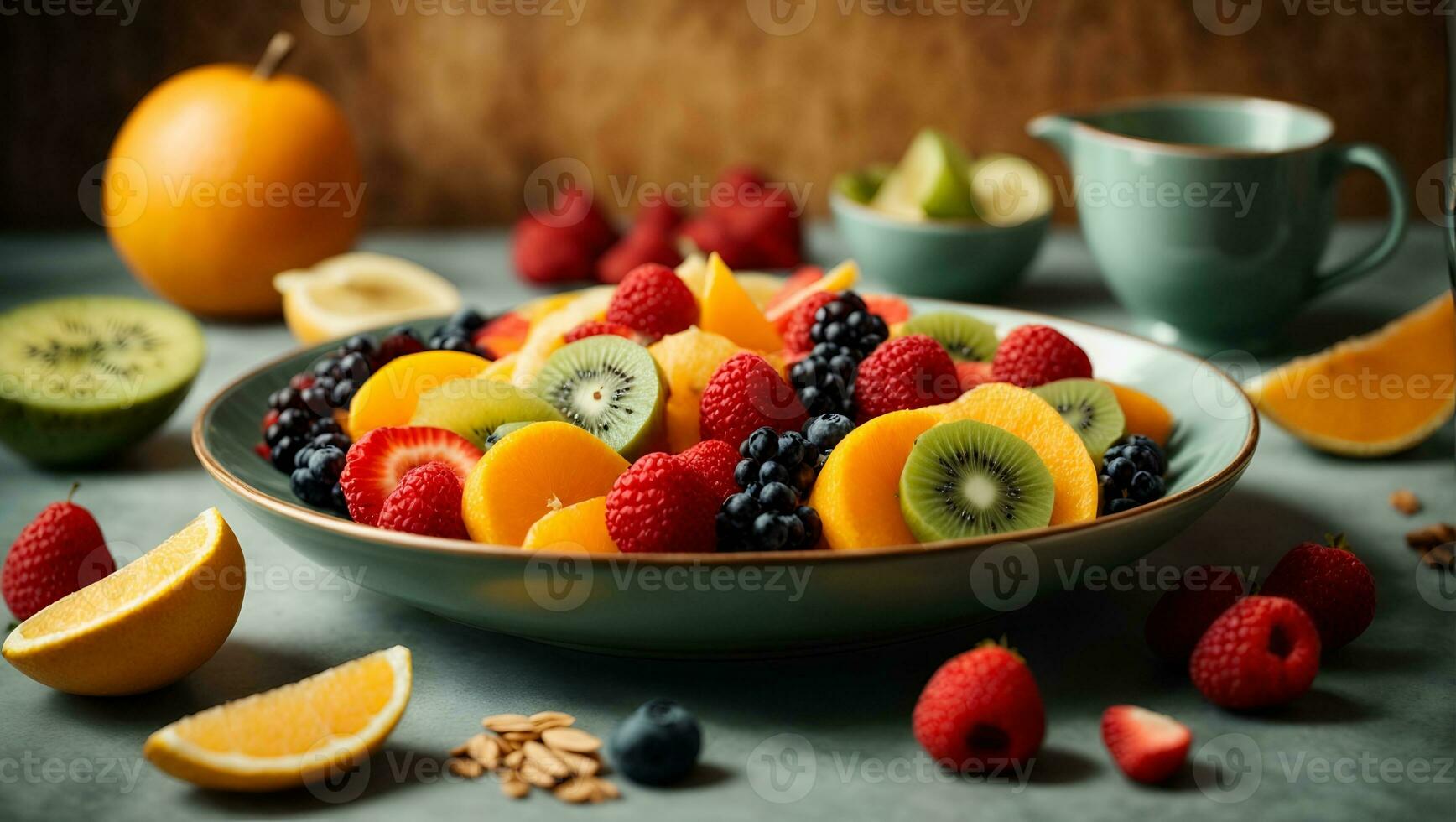 piatto di affettato fresco frutta. ai generato foto