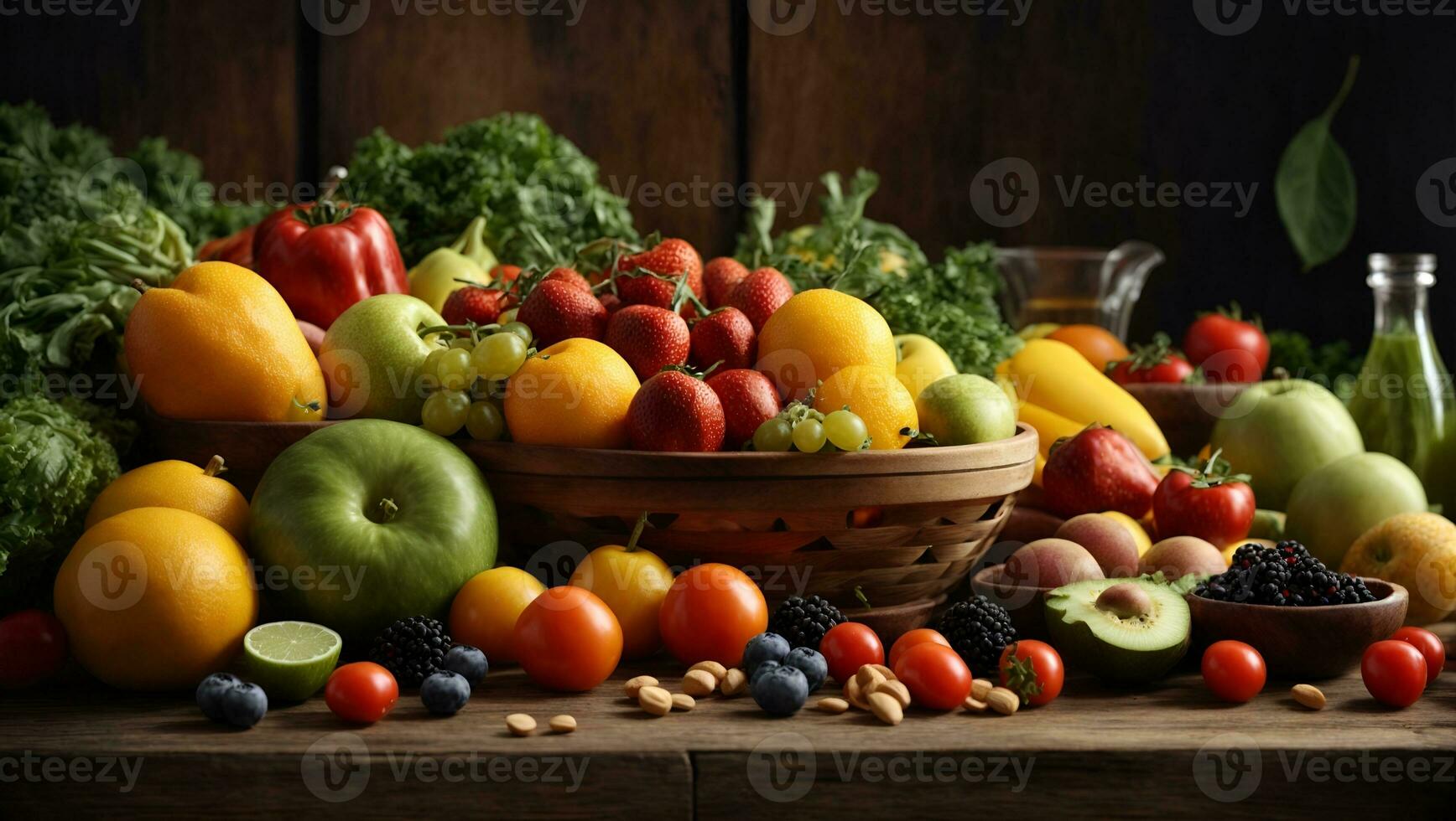 salutare mangiare sfondo. studio fotografia di diverso frutta e verdure su vecchio di legno tavolo. ai generato foto