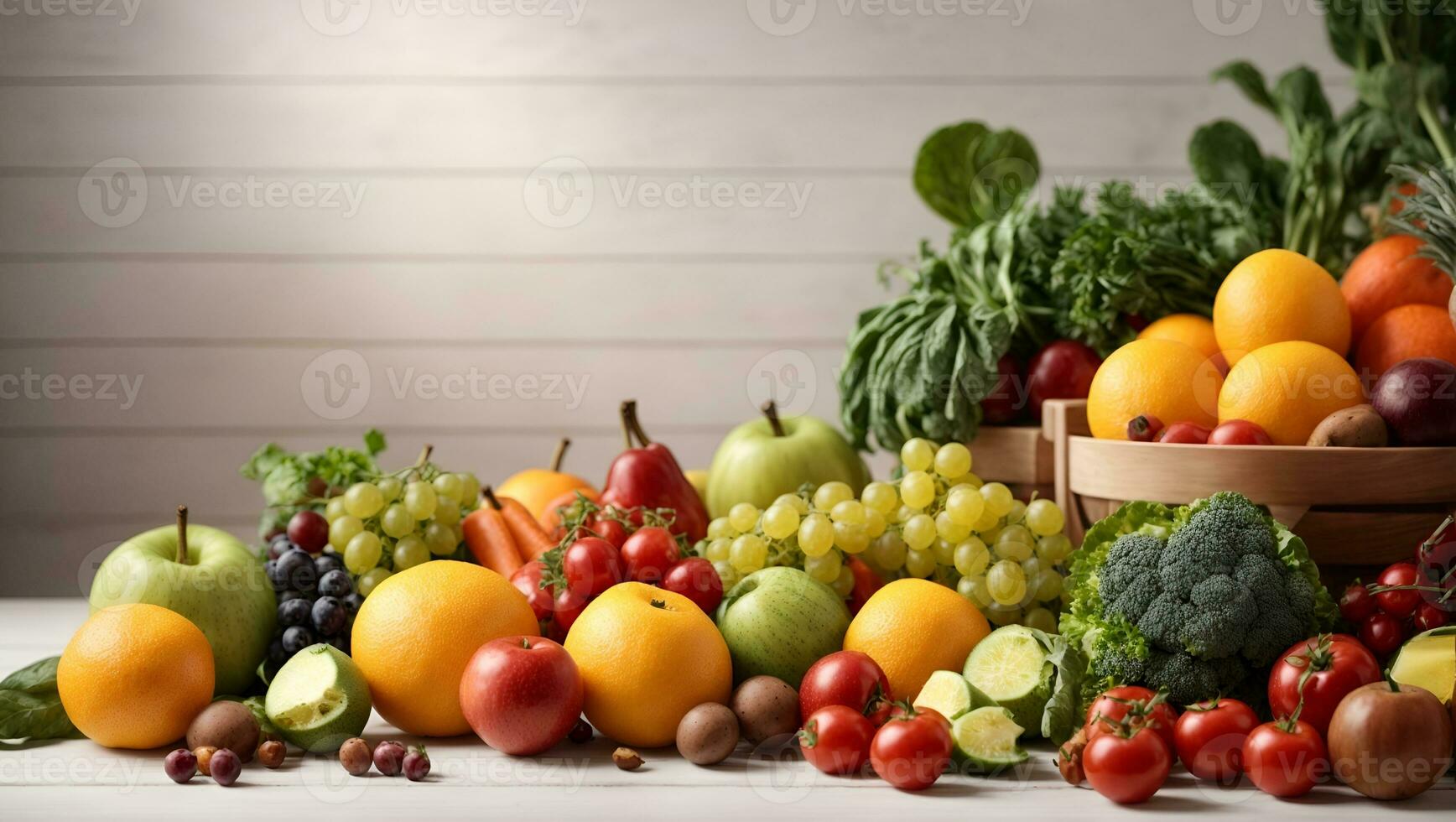 studio fotografia di diverso frutta e verdure su bianca di legno tavolo. ai generato foto