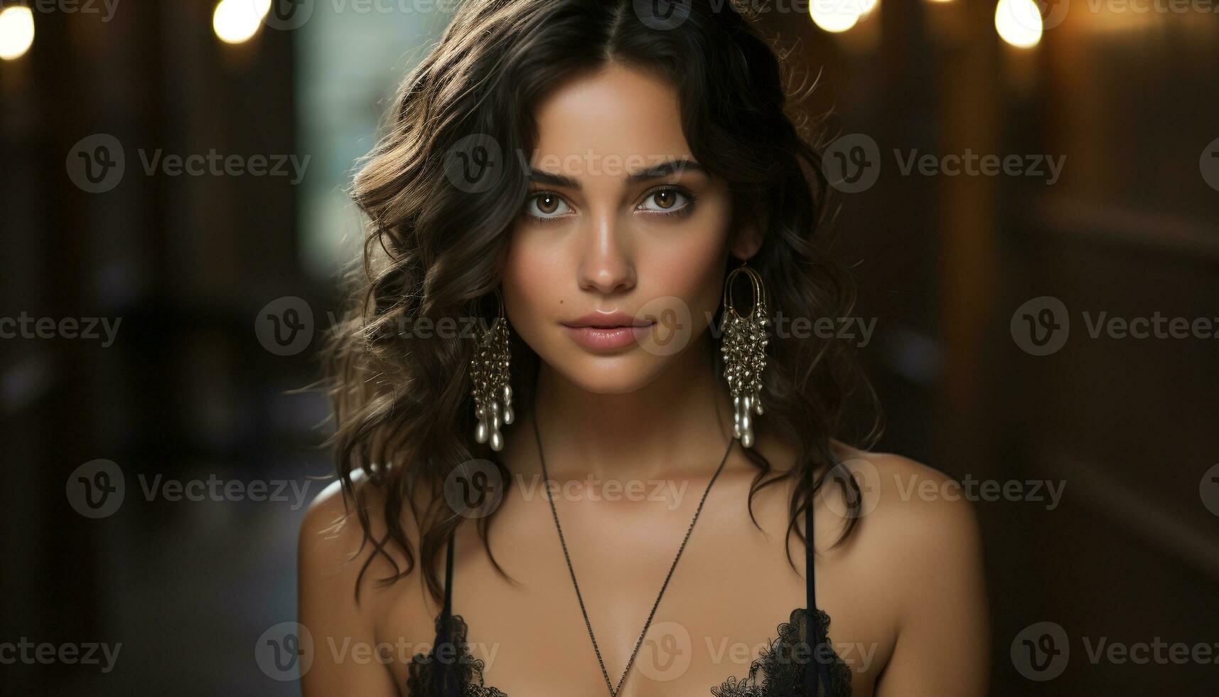 un' bellissimo giovane donna con Marrone capelli guardare a telecamera  generato di ai 28690224 Stock Photo su Vecteezy