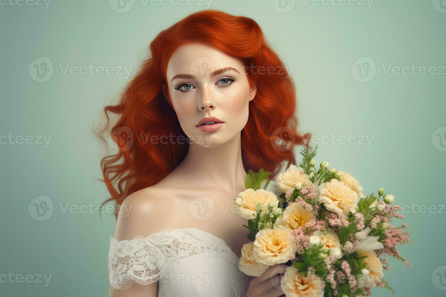 rosso capelli sposa velo. creare ai foto