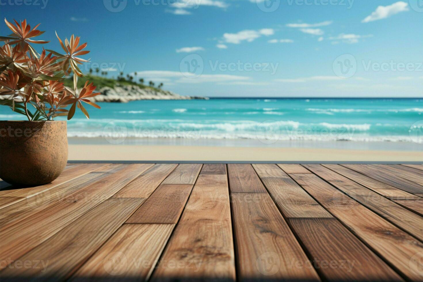 di fronte al mare presentazione legna ponte contro sfocatura spiaggia, ideale per in mostra il tuo prodotti ai generato foto