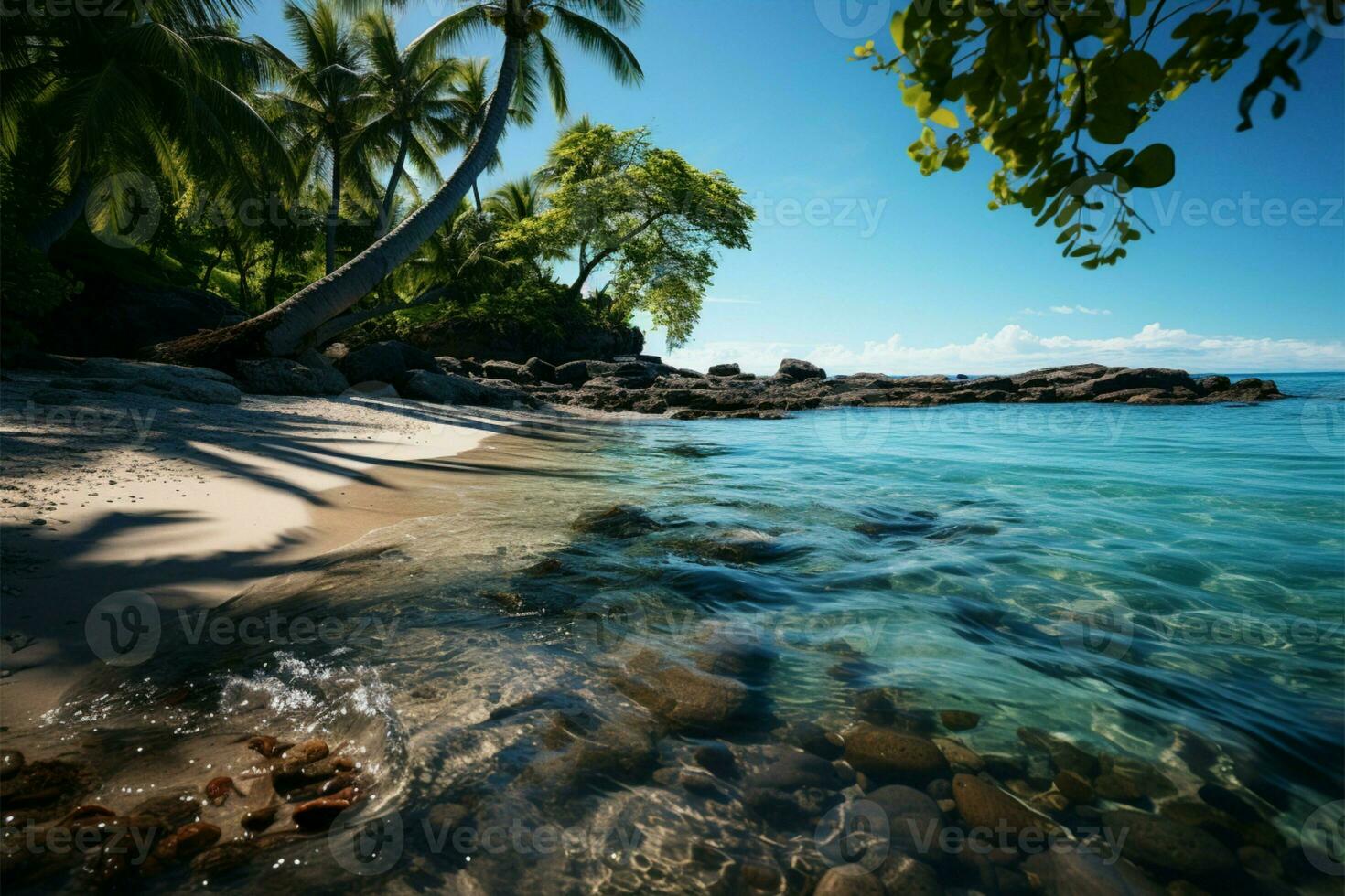 tropicale litorale sabbioso spiaggia incorniciato di grazioso palma alberi sotto blu cieli ai generato foto