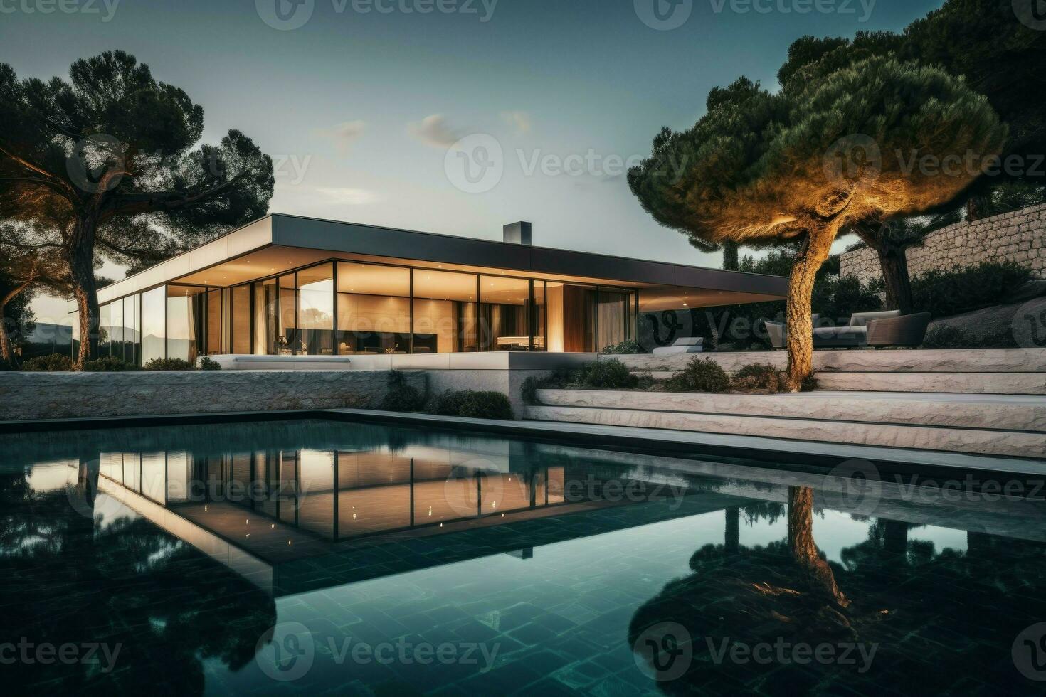 moderno lusso villa esterno notte. creare ai foto