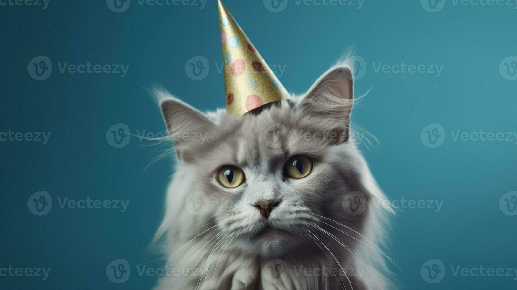 gatto con compleanno cappello, gattino compleanno, isolato su blu sfondo ai generato foto