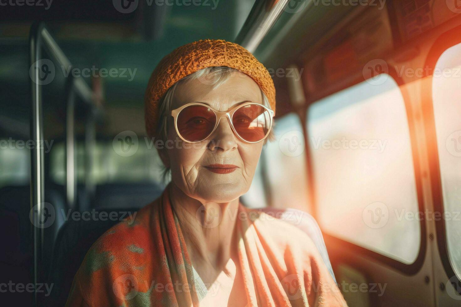 vecchio donna autobus città viaggio. creare ai foto