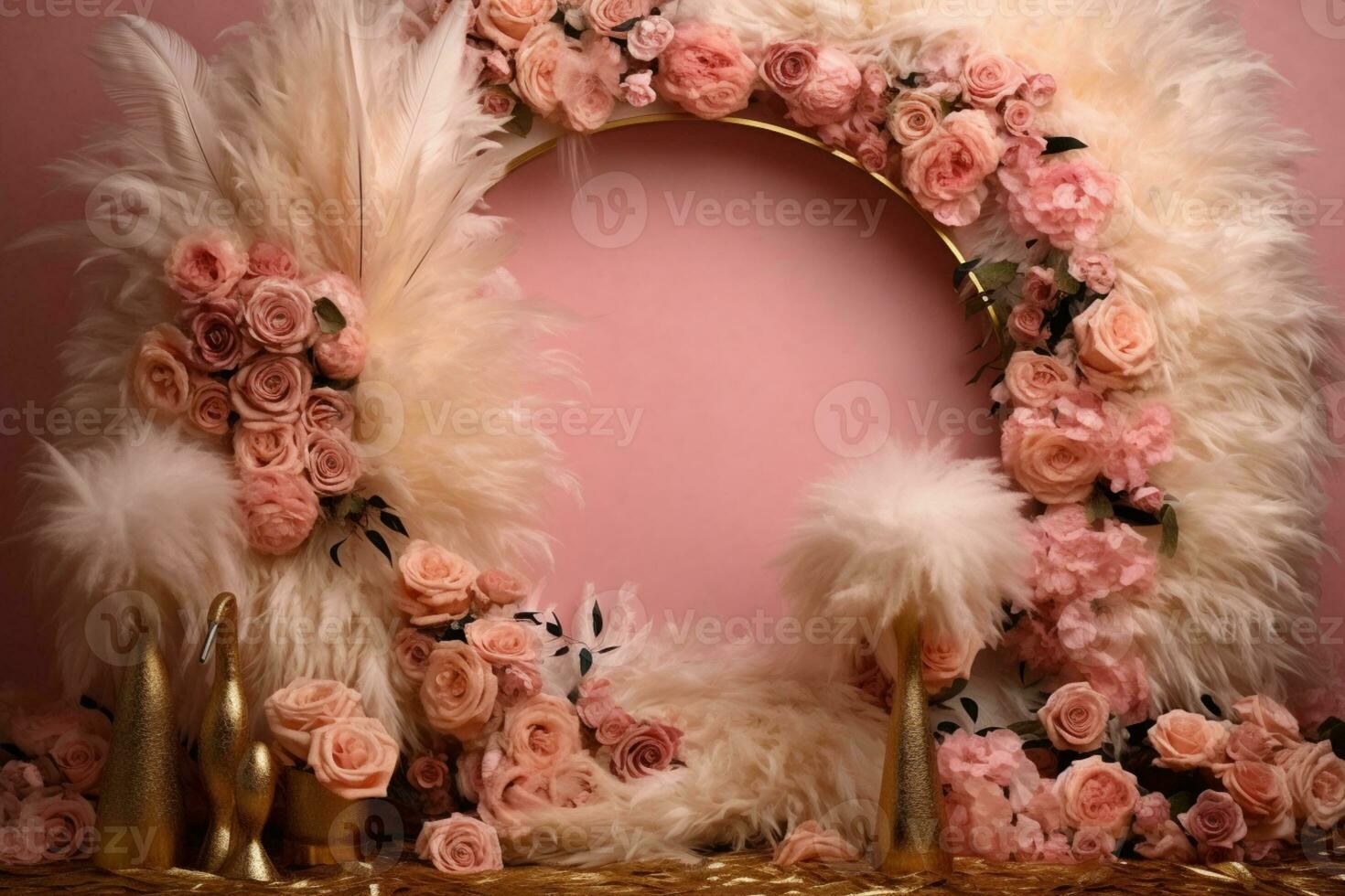elegante nozze fondale ornato con oro anelli, eustoma Rose, e rosa piume. ai generato foto
