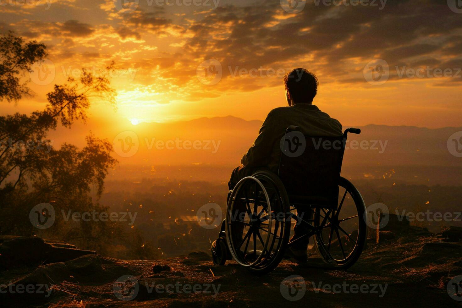 sedia a rotelle limite silhouette, simboleggiante Potenziamento in mezzo un' tramonti d'oro tonalità ai generato foto