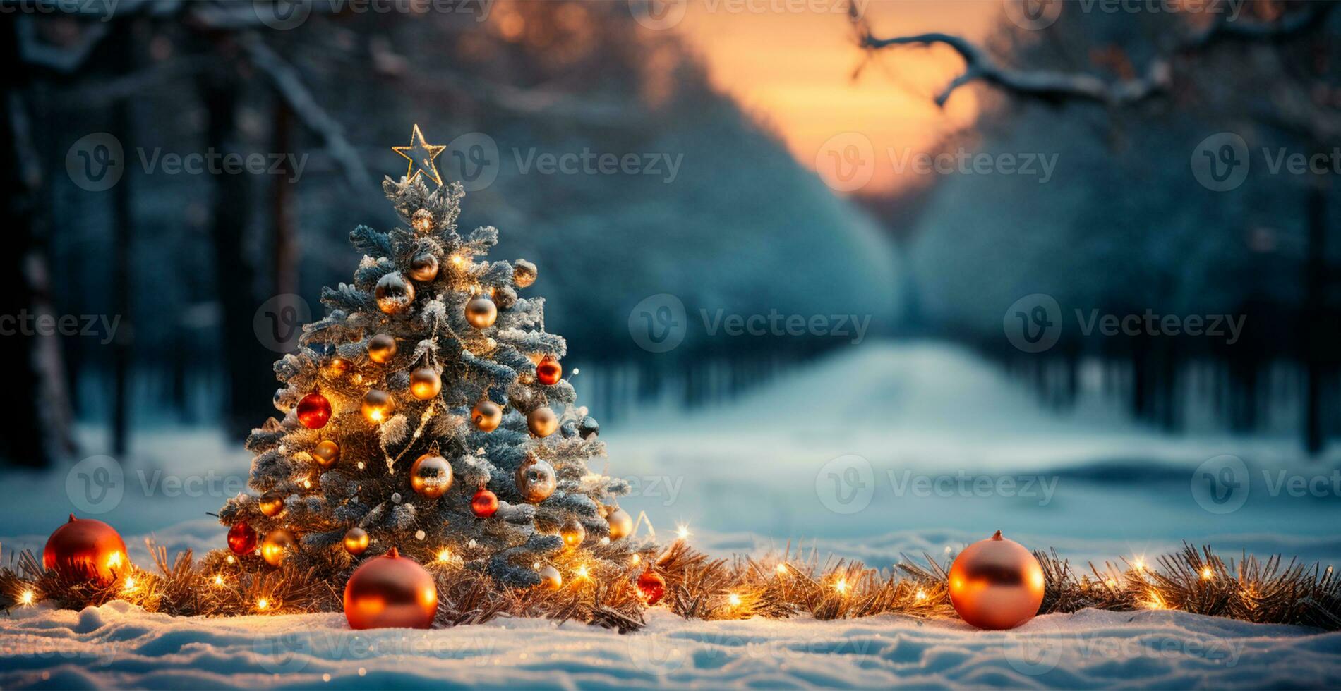 nuovo anno vacanza concetto. grande Natale albero decorato con palle e ghirlanda - ai generato Immagine foto