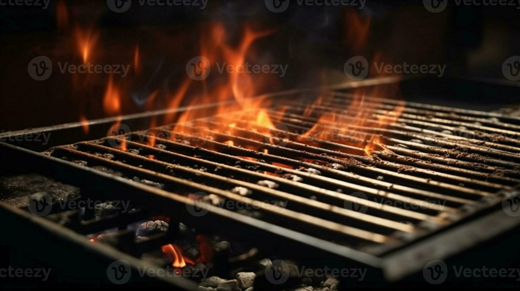 ardente cucinando scena, vuoto griglia con intenso fiamme, Perfetto per barbecue. ai generato foto