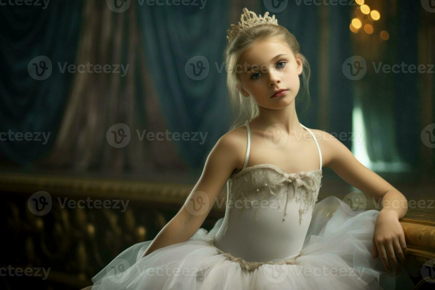 petite ballerina ragazza su un' palcoscenico dimostrando sua talento. creare ai foto