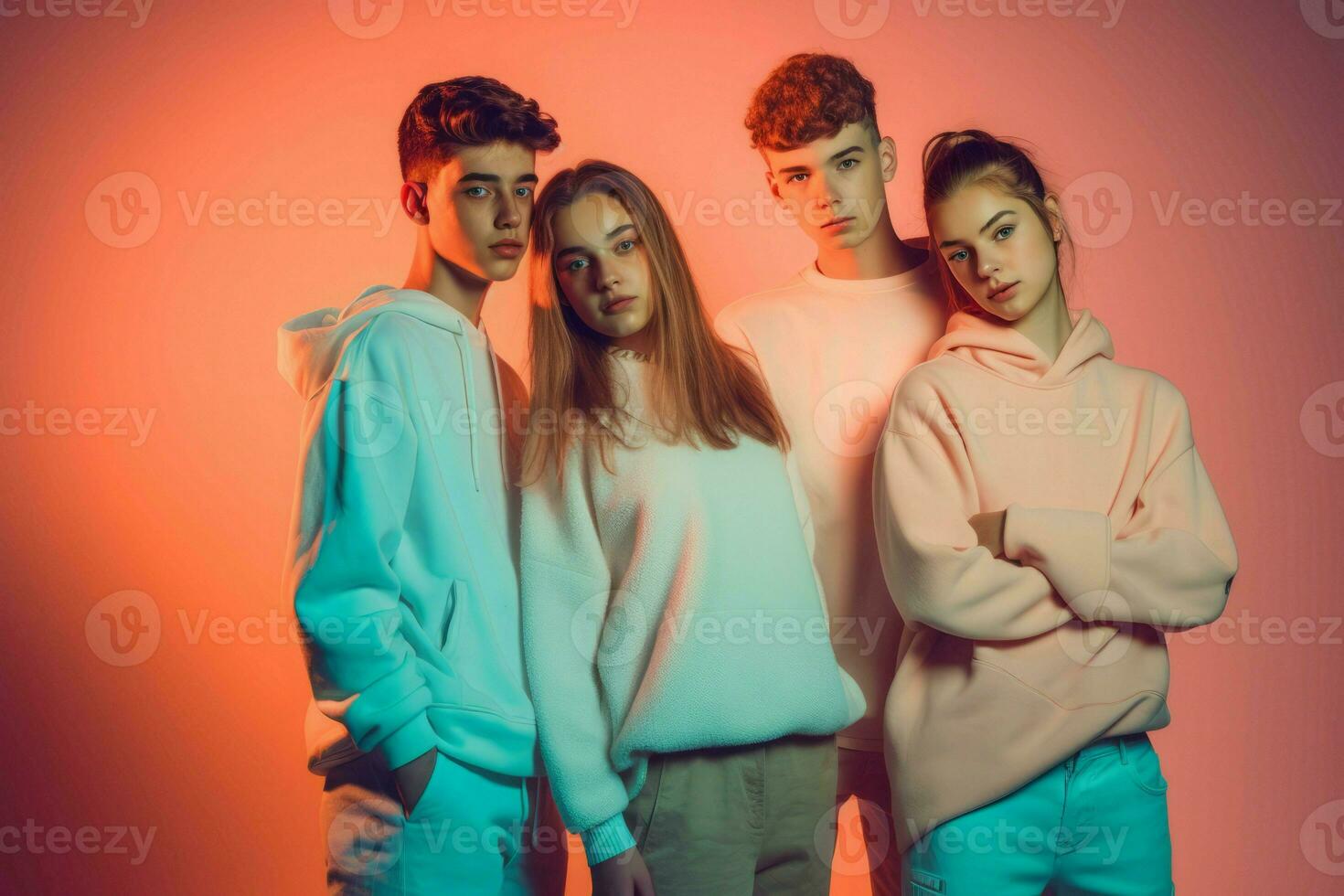 colorato gruppo adolescenti freddo. creare ai foto