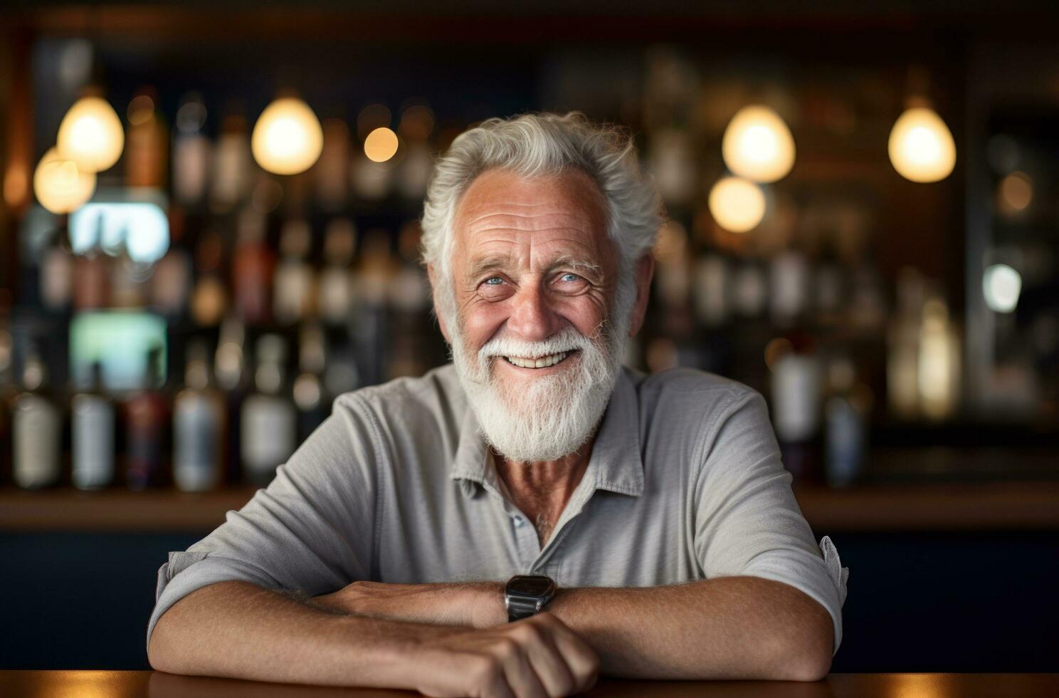 un vecchio uomo è ridendo nel un' pub foto