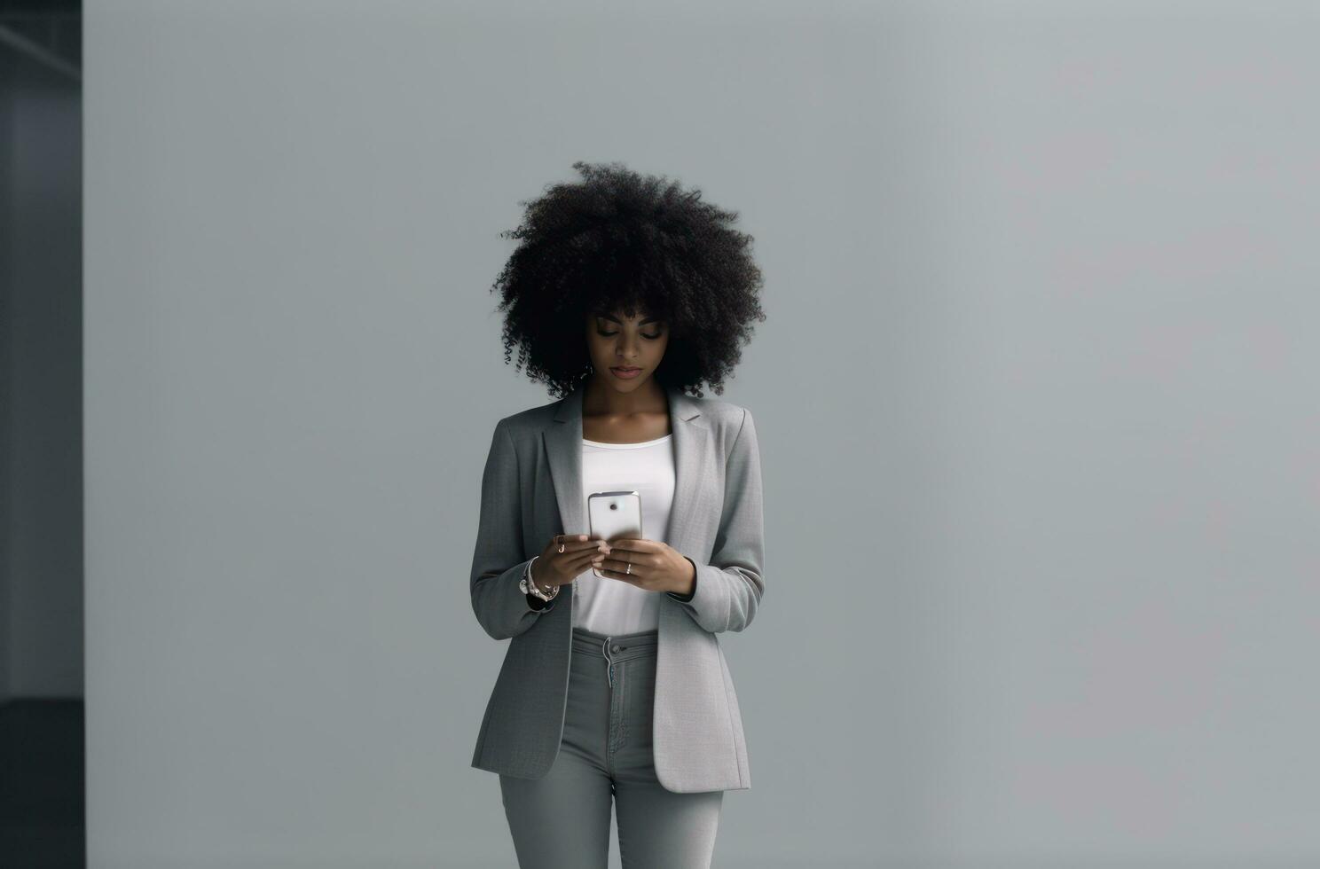 femmina afro capelli stilista donna seduta su pavimento guardare a smartphone foto