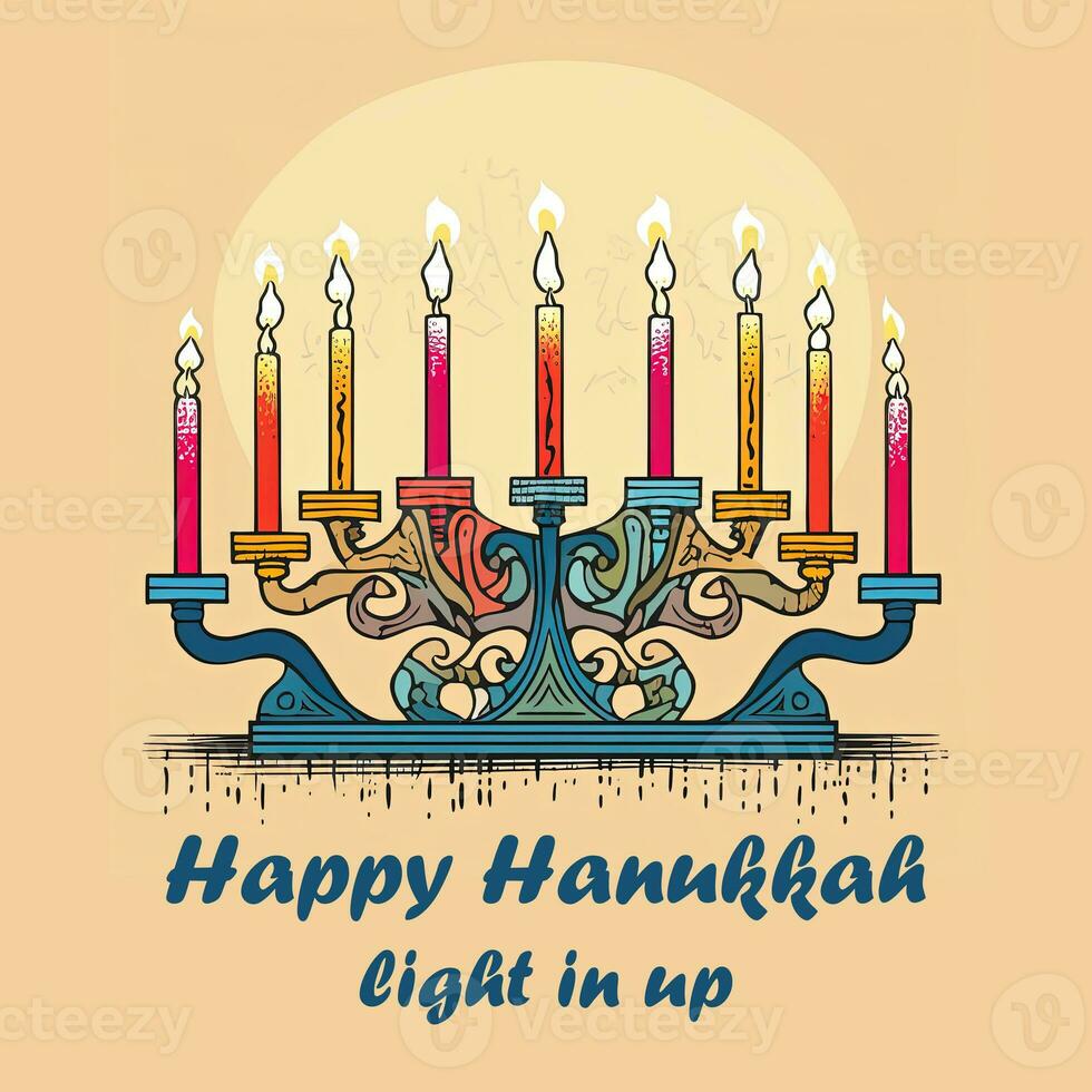 contento hanukkah saluto carta design. hanukkah menorah candelabro con nove illuminato candele ai generativo foto