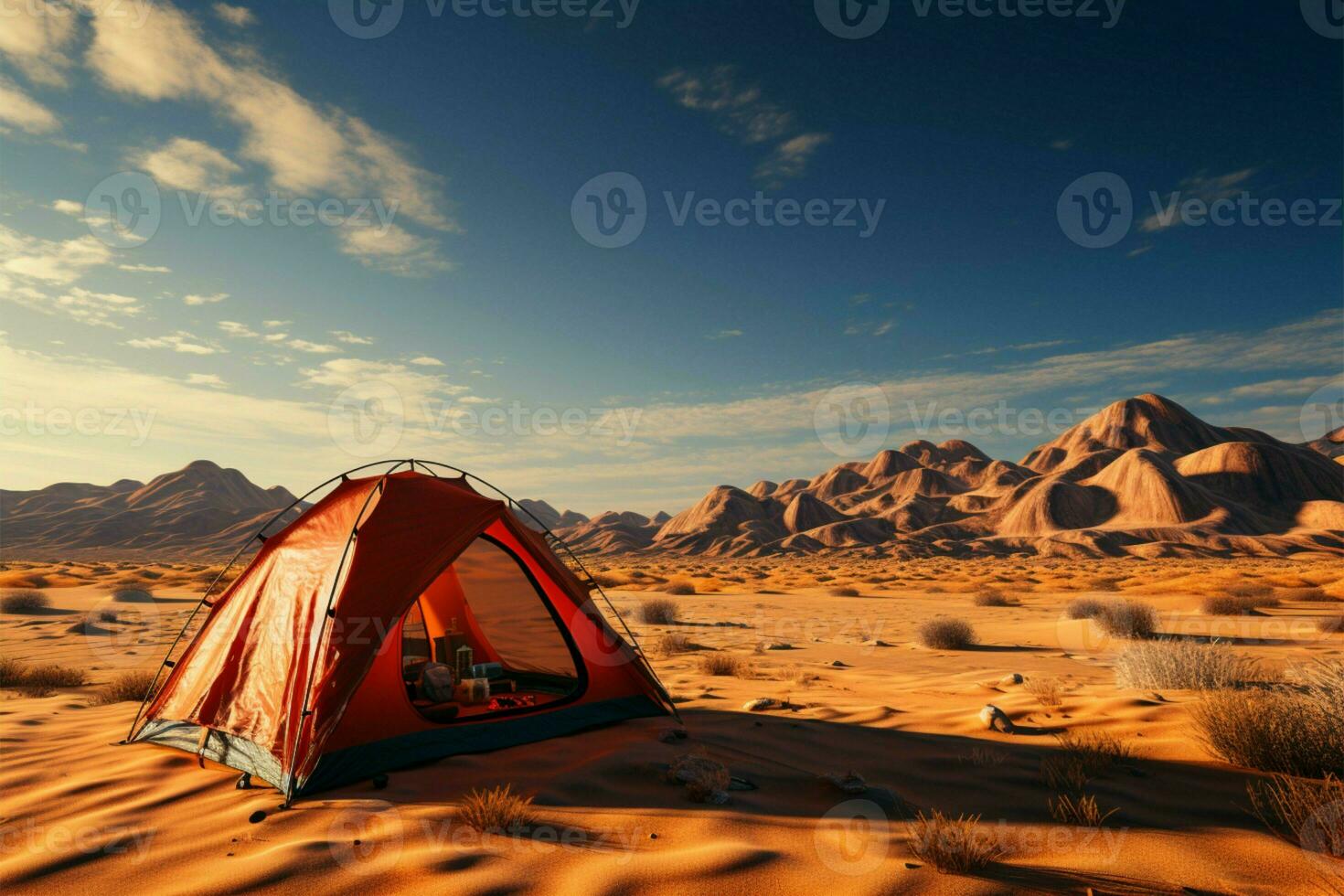 serenità di il sabbie campeggio isolato nel deserti silenzioso vastità, rimosso a partire dal civiltà ai generato foto