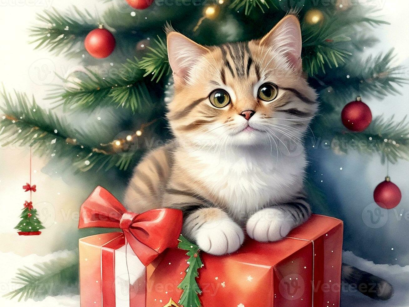 carino gatto Natale con Natale regalo e Natale albero. generativo ai foto