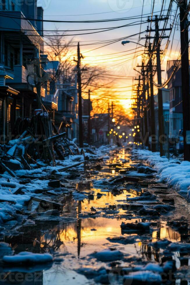 caduto energia Linee in mezzo urbano ghiaccio tempesta distruzione cattura città infrastrutturale vulnerabilità foto