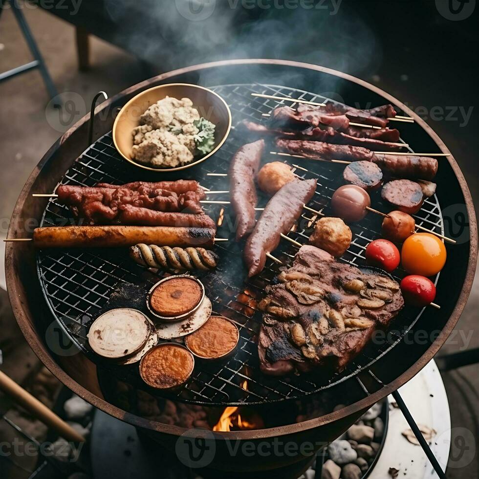 grigliato carne con un' varietà di carni su un' piatto Perfetto aperitivo generato di ai foto