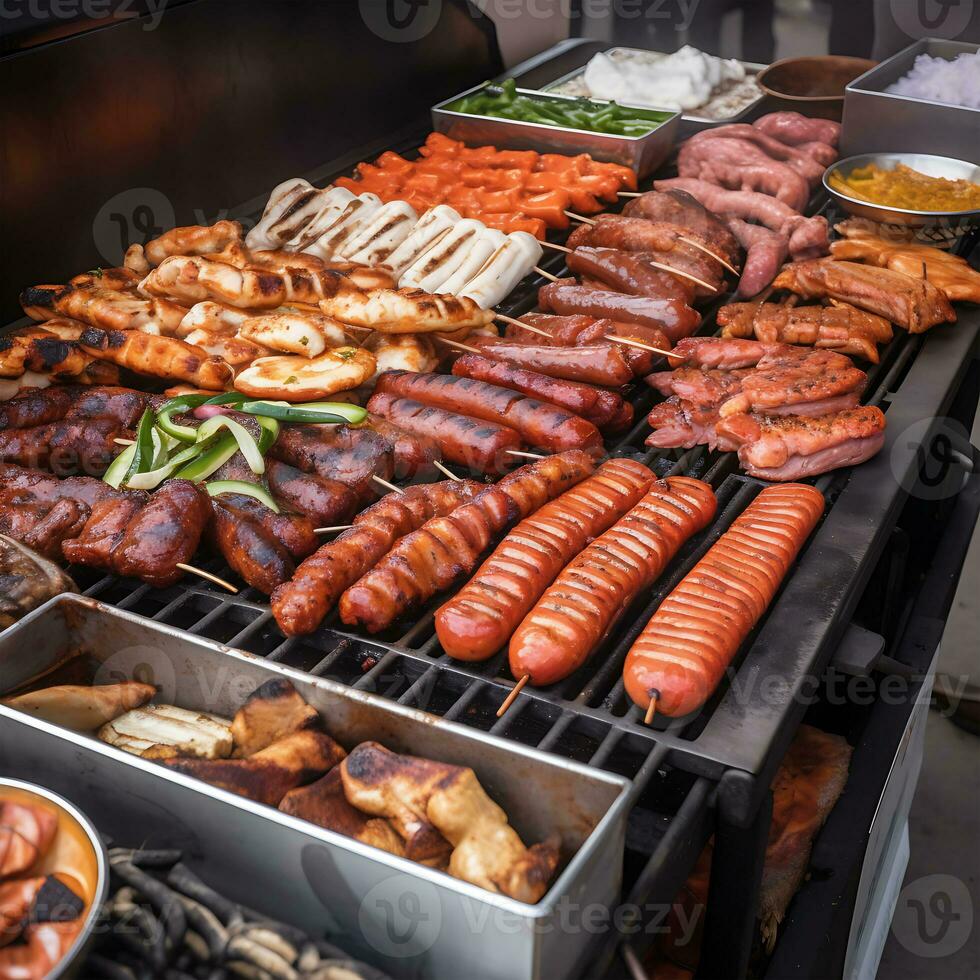 grigliato carne con un' varietà di carni su un' piatto Perfetto aperitivo generato di ai foto