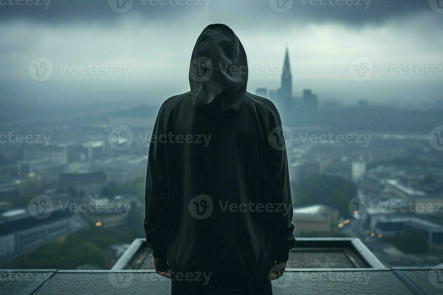 tetto scena uomo nel cappuccio, viso oscurato, copia spazio valorizzare misterioso ambiance ai generato foto