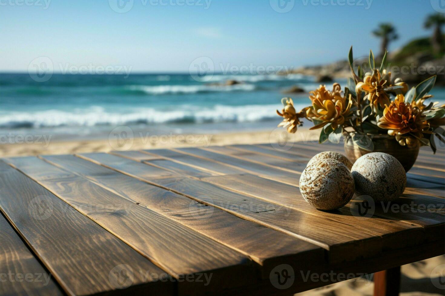 costiero Prodotto fondale sfocato spiaggia complementi legna ponti versatile Schermo potenziale ai generato foto