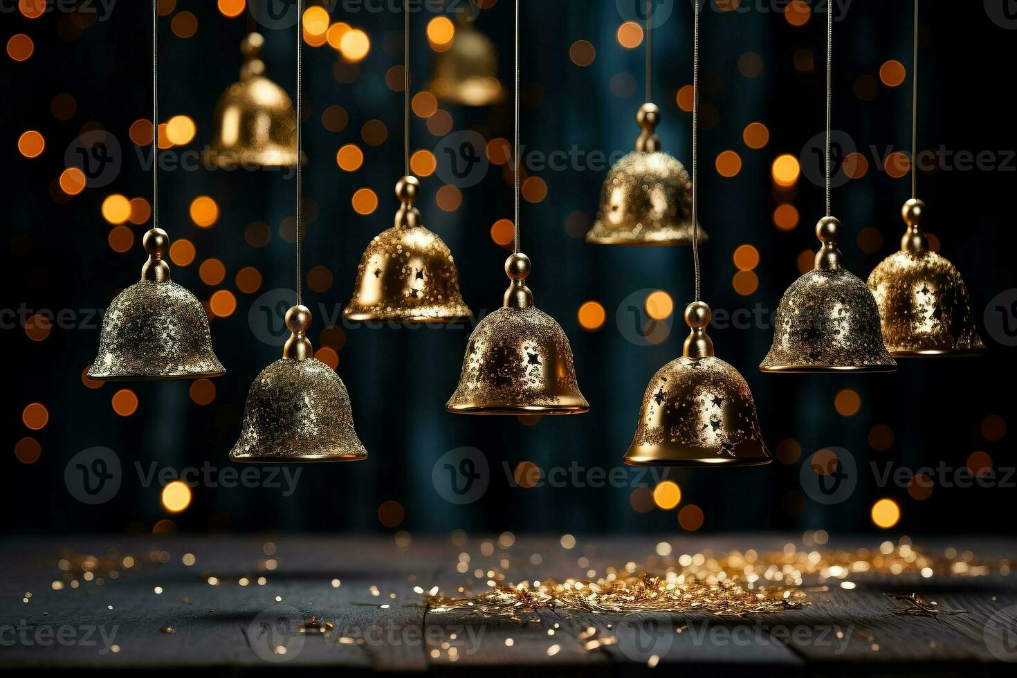 un' collezione di d'oro campana ornamenti sospeso su un' glitterato pendenza sfondo radiante eleganza e festivo rallegrare foto