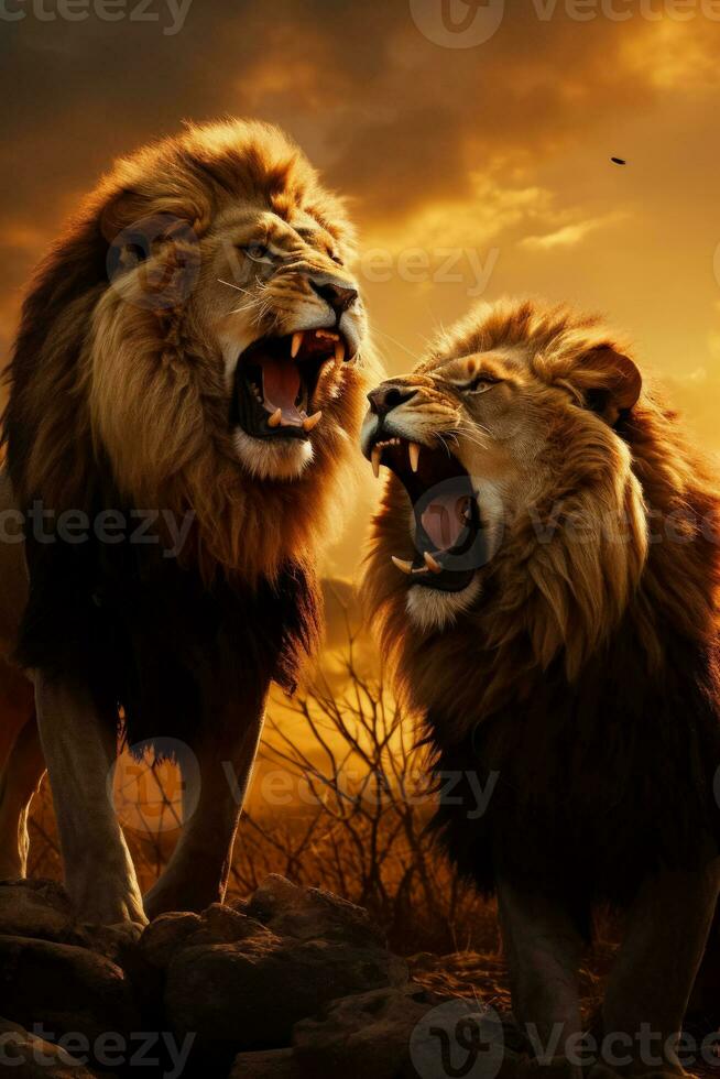 Due leoni nel un' feroce confronto nel il serengeti con un' drammatico tramonto sfondo fornire vuoto spazio per testo foto