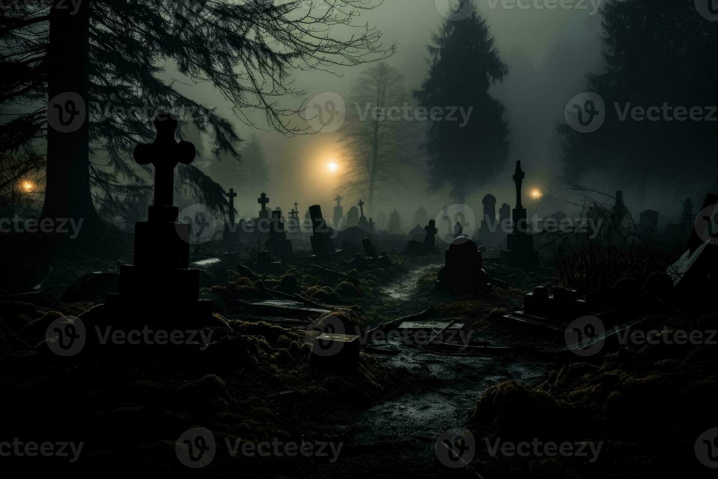 un' inquietante cimitero scena emerge a partire dal il nebbia come lapidi In piedi sentinella in mezzo il misterioso oscurità foto