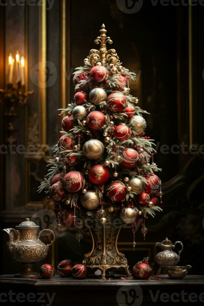 squisito vittoriano Natale albero ornato con festivo antico ornamenti trasudante un aura di classico eleganza e tradizione foto