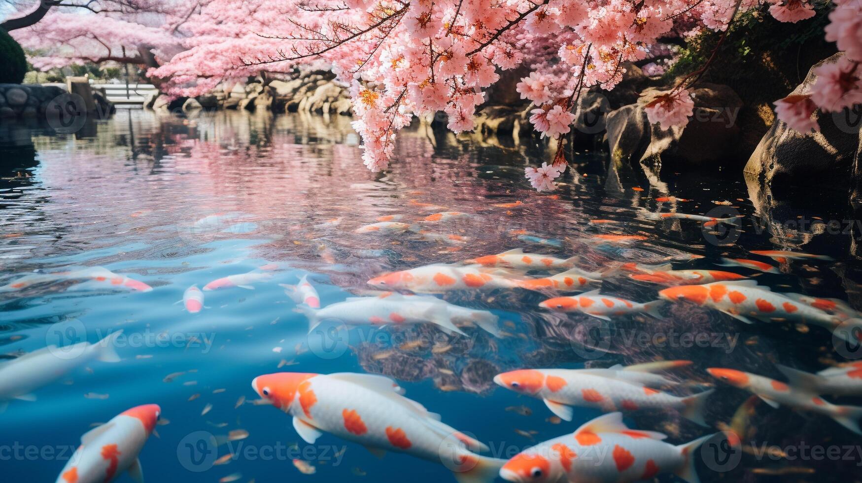 etereo Immagine di un' tranquillo koi stagno circondato di fioritura ciliegia fiori ai generativo foto