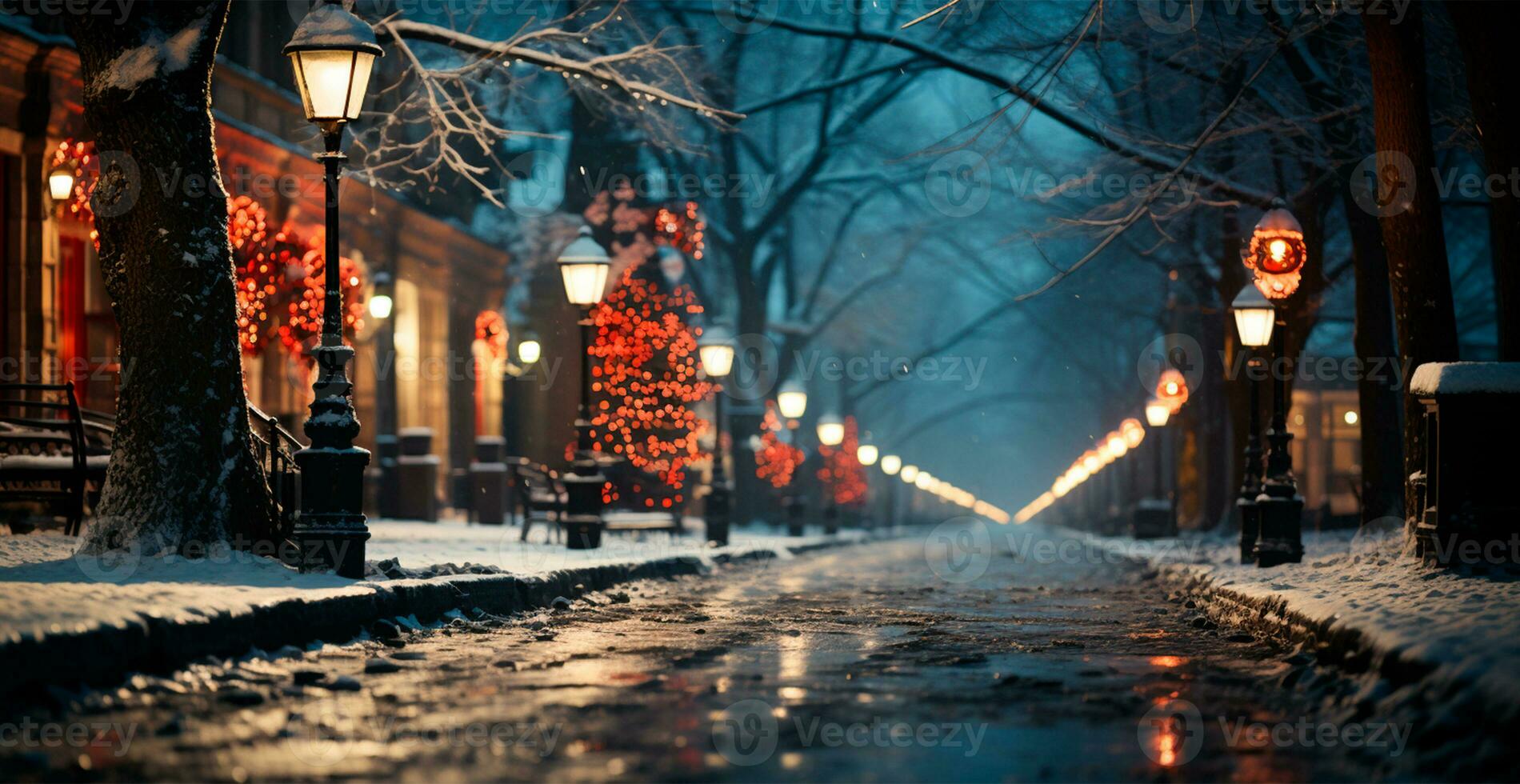 notte nevoso Natale americano città boston, nuovo anno vacanza, sfocato sfondo - ai generato Immagine foto