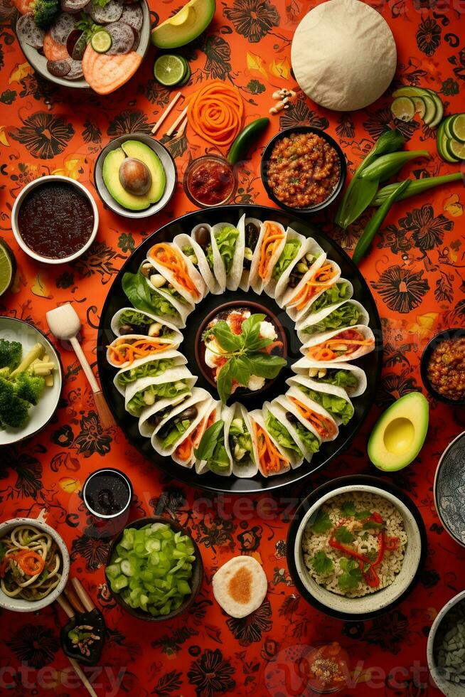 alto istantanea di internazionale cucina Sushi pasta e tacos su un' colorato tovaglia ai generativo foto