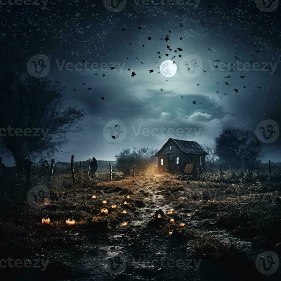 moderno Halloween scena con galleggiante fantasmi, scintillio stelle, e un' croccante luminoso essenza ai generativo foto
