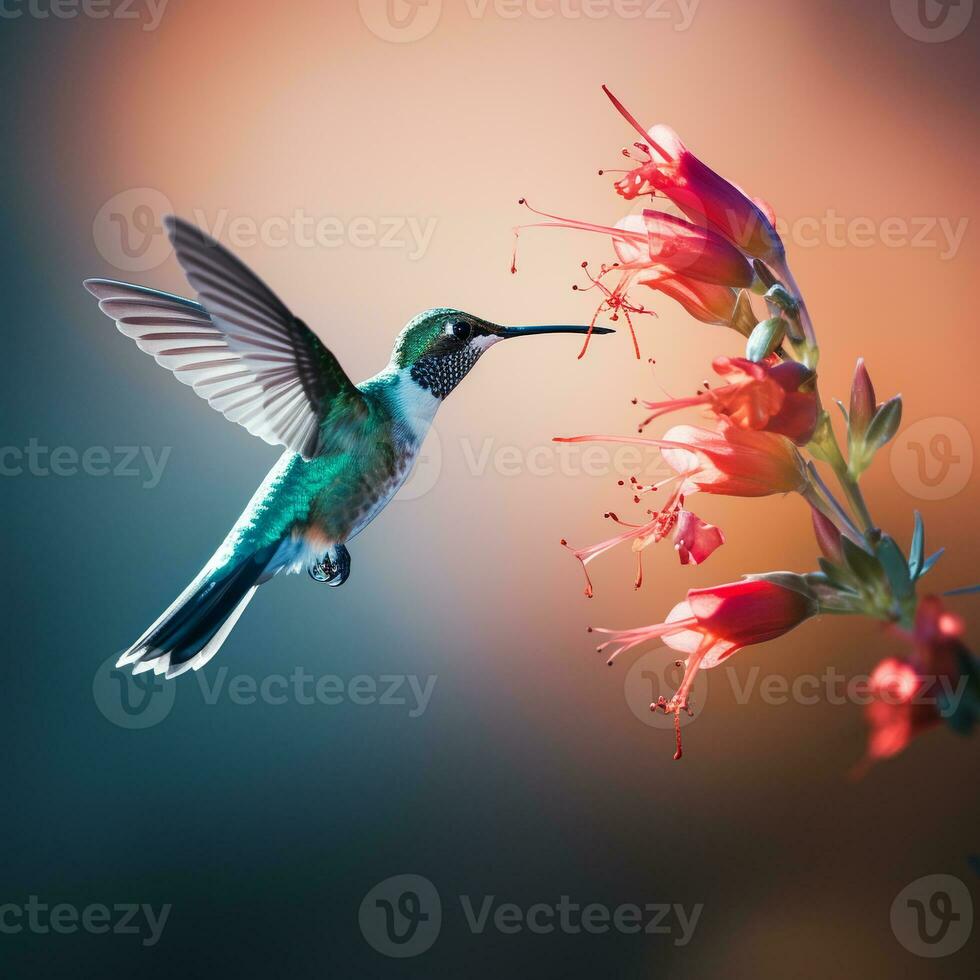 minimalista catturare di un' colibrì a metà volo sorseggiando nettare a partire dal un esotico fiore ai generativo foto