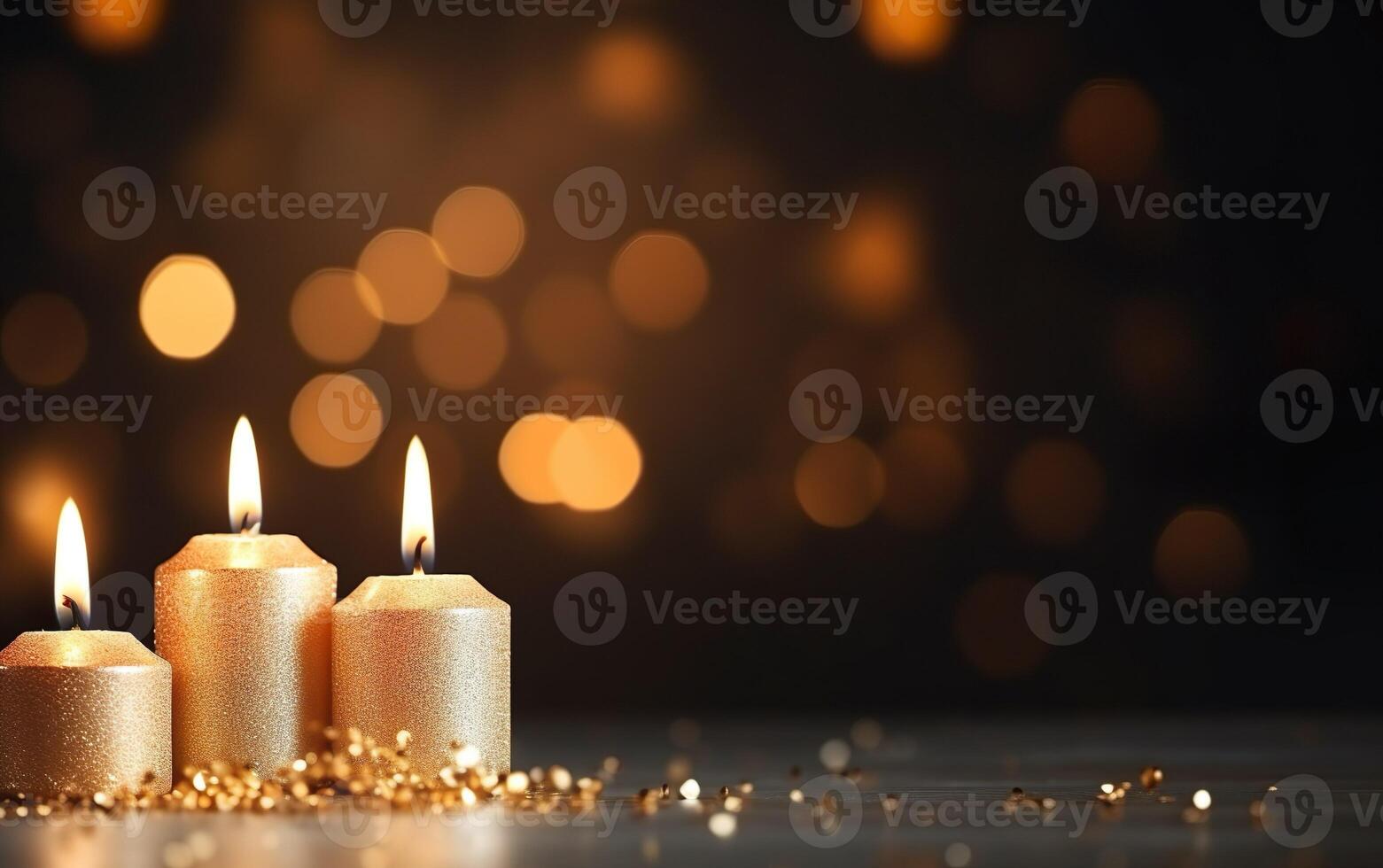 romantico d'oro candele su tavolo con luccichio. sfocato scintillante bokeh sfondo. Natale luci. copia spazio per vacanza carta. ai generativo foto