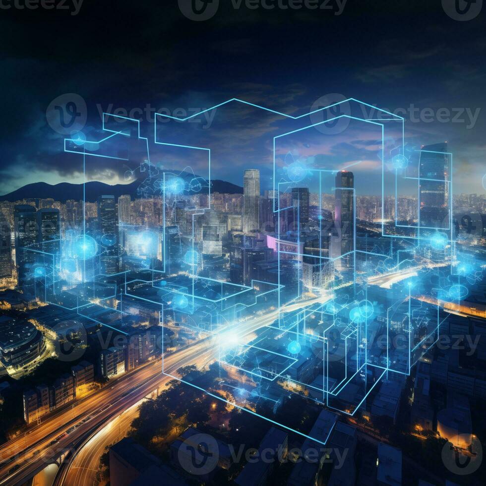 futuristico paesaggio urbano con 5g connettività evidenziazione IoT dispositivi e olografico interfacce ai generativo foto