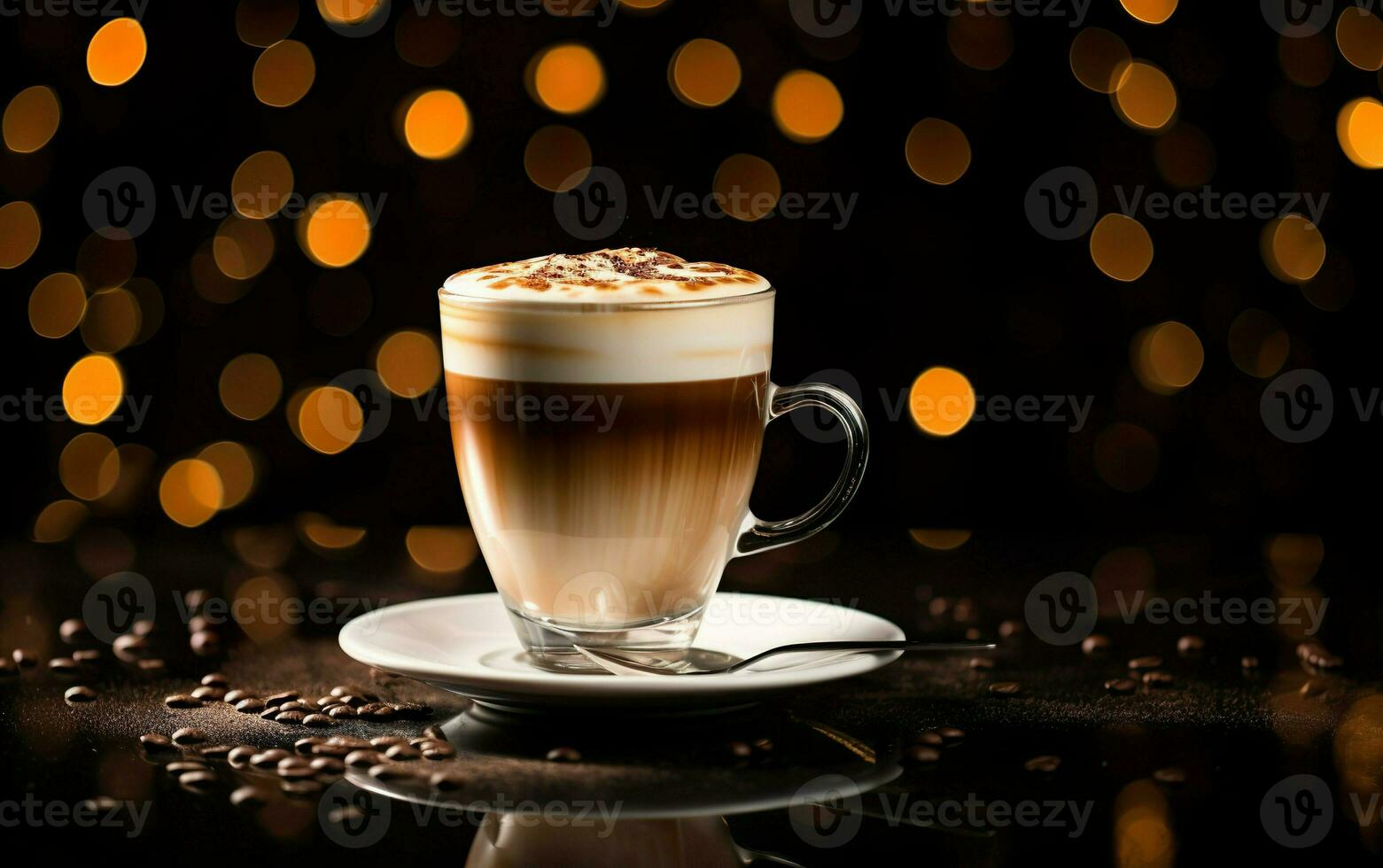 bicchiere tazza di latte macchiato con cannella e frustato crema su un' piatto, sfocato scintillante buio e oro sfondo con bellissimo bokeh, caffè fagioli su il nero di legno tavolo. ai generativo foto