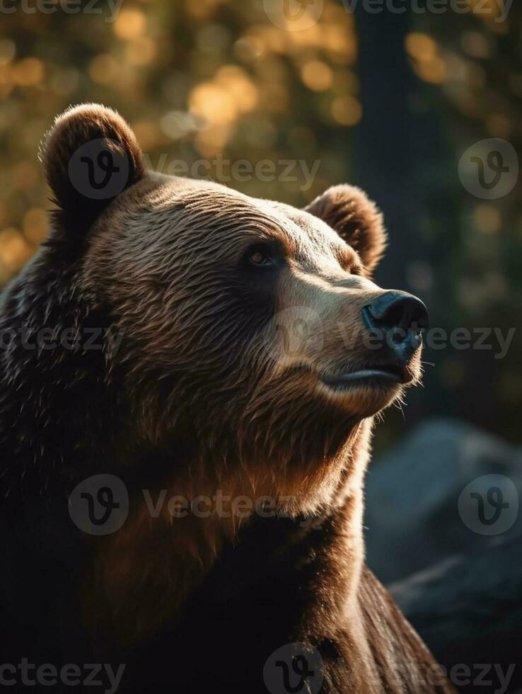 Là è un' Marrone orso quello è guardare su a il cielo. generativo ai. foto