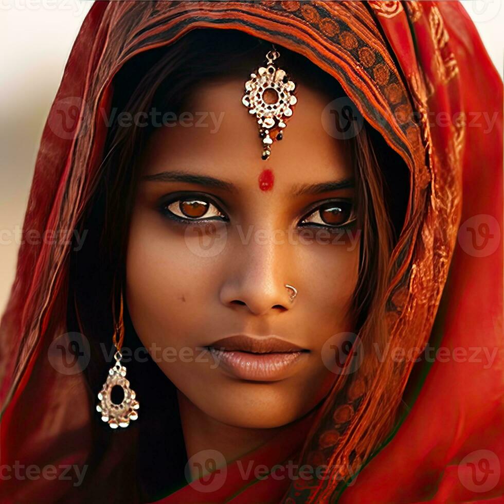 un indiano donna pittura indossare rosso saree e gioielleria ai generativo foto