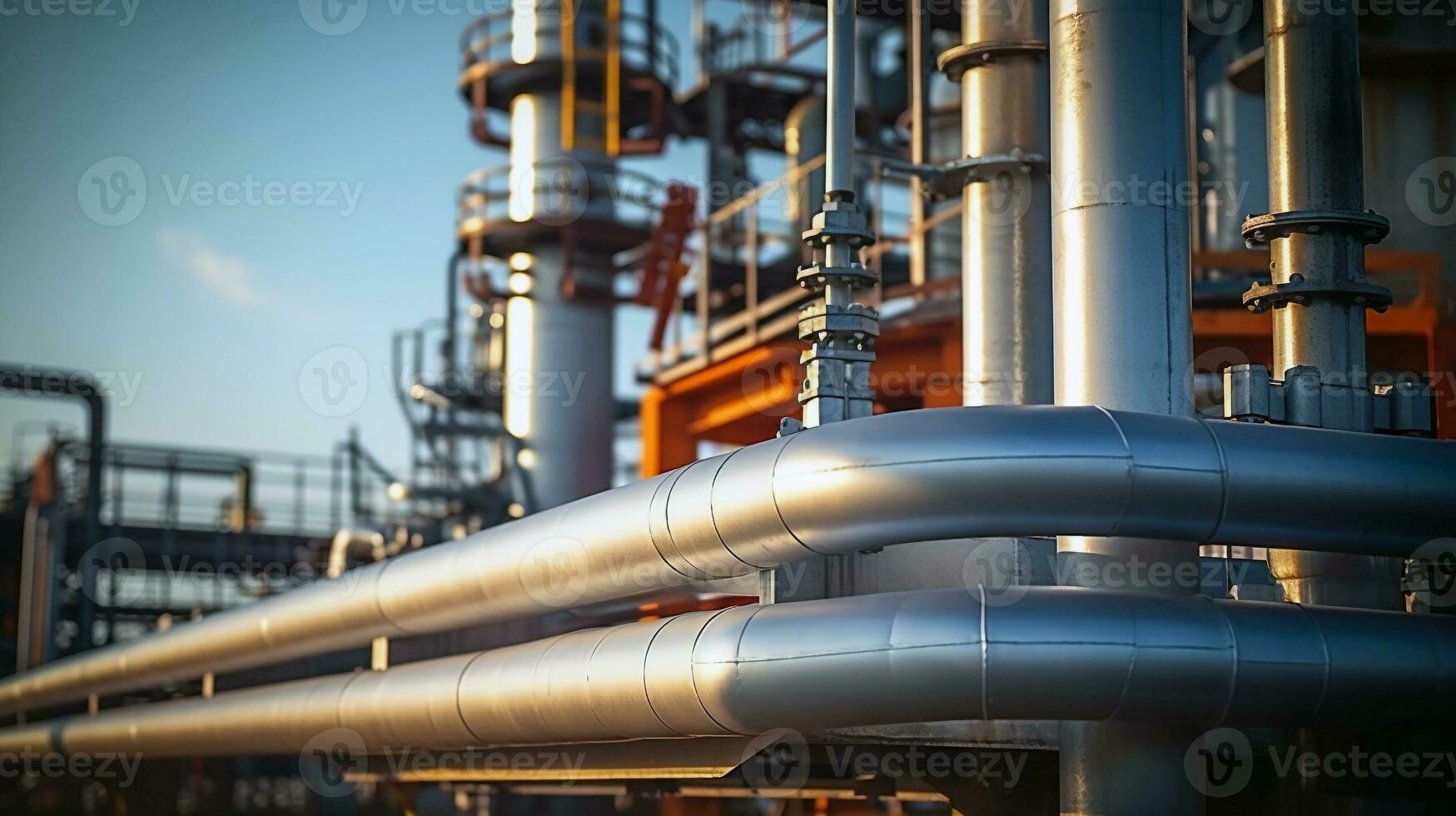 gas tubatura. prodotto petrochimico pianta. olio raffineria e industriale petrolio trasferimento in lavorazione nel fabbrica. generativo ai foto