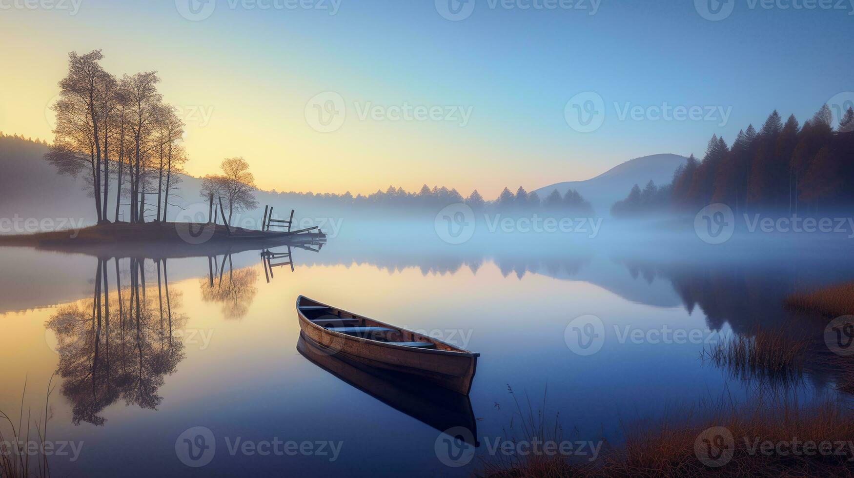 il incantevole alba a il silenzioso lago. generativo ai foto