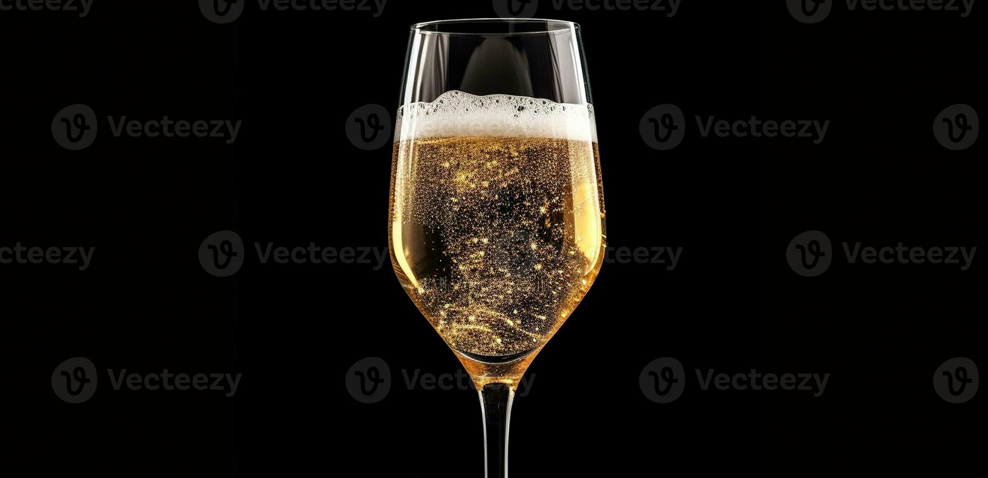 un' bicchiere di Champagne con bolle nel esso su un' nero sfondo, generativo ai foto